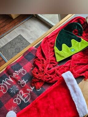 Holiday Hats Santa & Elf and Red Throw Blanket